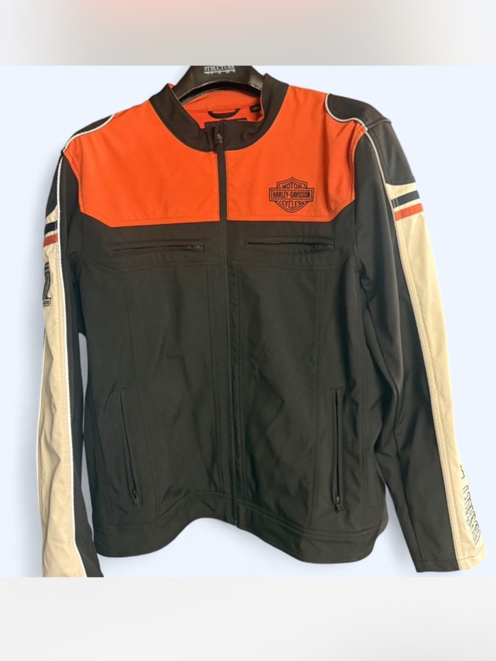 Harley-Davidson Black and Orange Racing-Style Bomber Jacket